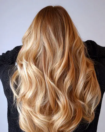 Long blonde balayage hair styled at the salon.